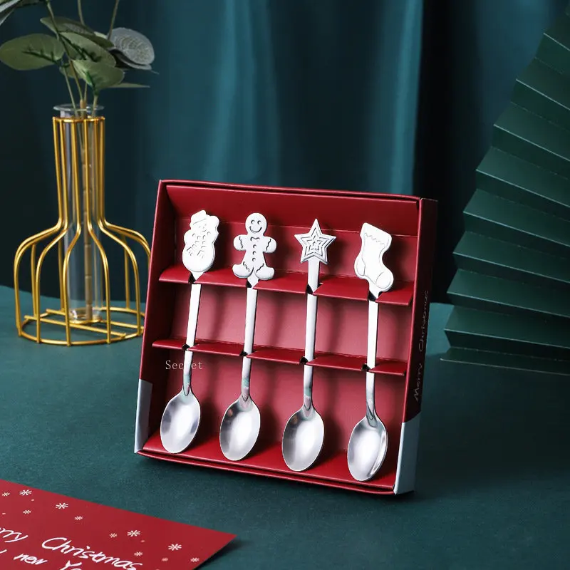 Christmas Coffee Spoons 4PCS with Gift Box Teaspoons Dessert Stainless Steel Spoons Tableware Christmas Gift New Year stainless steel spoon