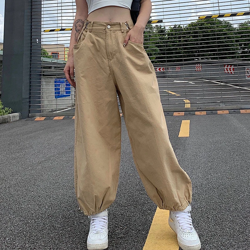 

Fashion High Waist Cargo Pants Women Khaki Adjustable Waist Drawstring Wide Leg Pants Streetwear Hip Hop Trousers Hot