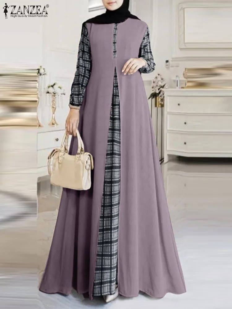 

ZANZEA Casual Grid Patchwork Muslim Dress Autumn Vintage Maxi Robe Long Sleeve O-Neck Sundress Fashion Eid Mubarek Vestidos 2023