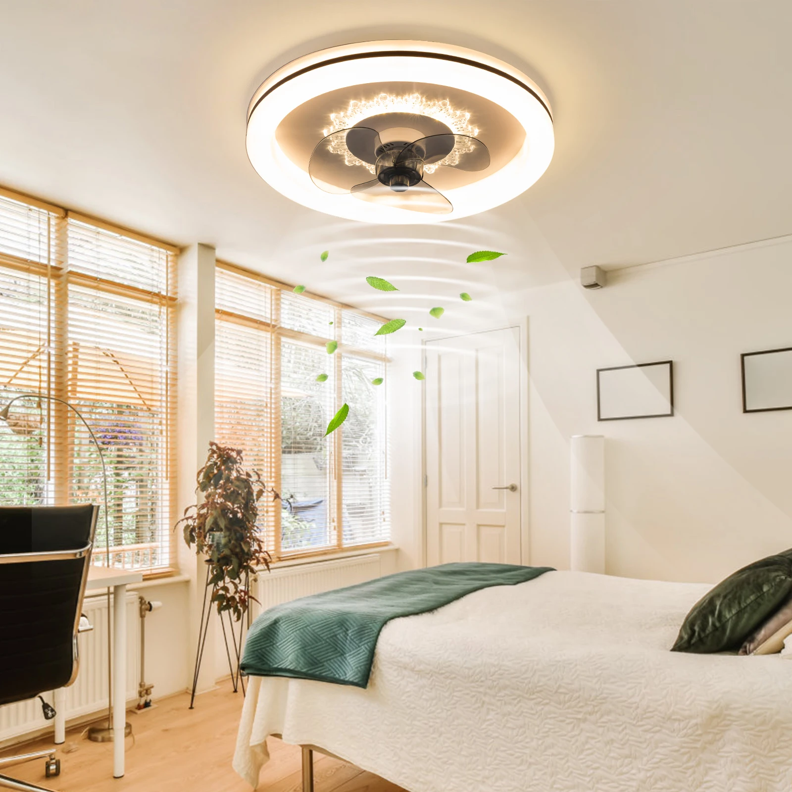 18.5 Inch Ceiling Fan with Lights, Low Profile Fan W/ Remote Control Semi Flush Mount Tri-Color Fandelier with 3 Hidden B