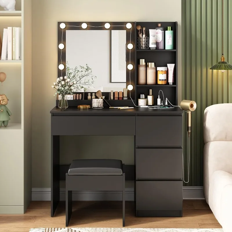 Makeup Vanity with Lights, 37inch Vanity Desk, 4 Large Drawers Dresser with Lighted Mirror