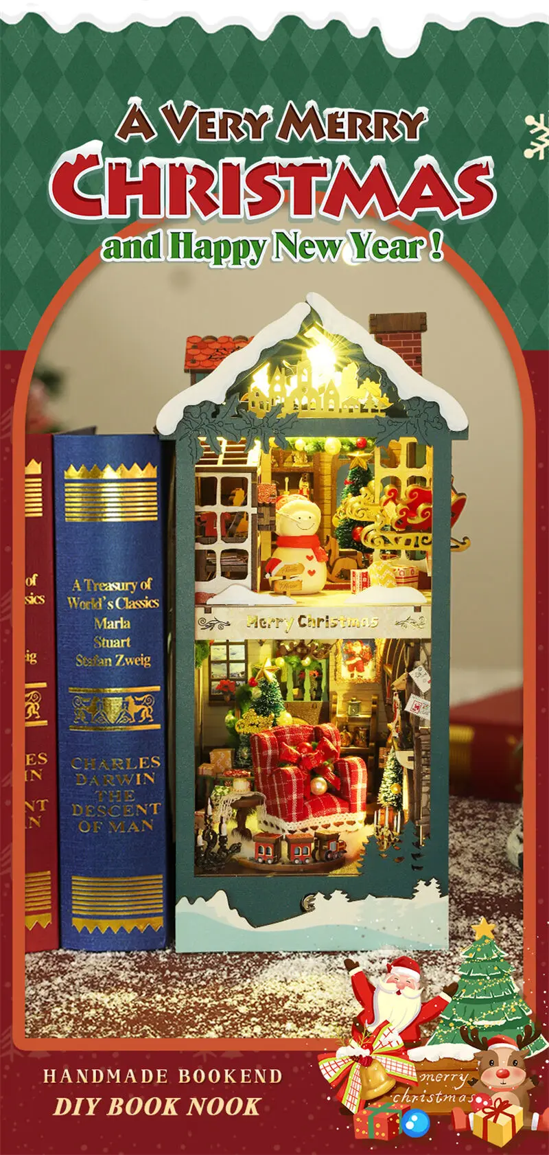 Description Picture 6 of itemNEW Merry Christmas DIY Wooden Book Nook Shelf Insert Miniatures Kits Bookshelf Home Bookend Decoration For Adult Handmade Gifts