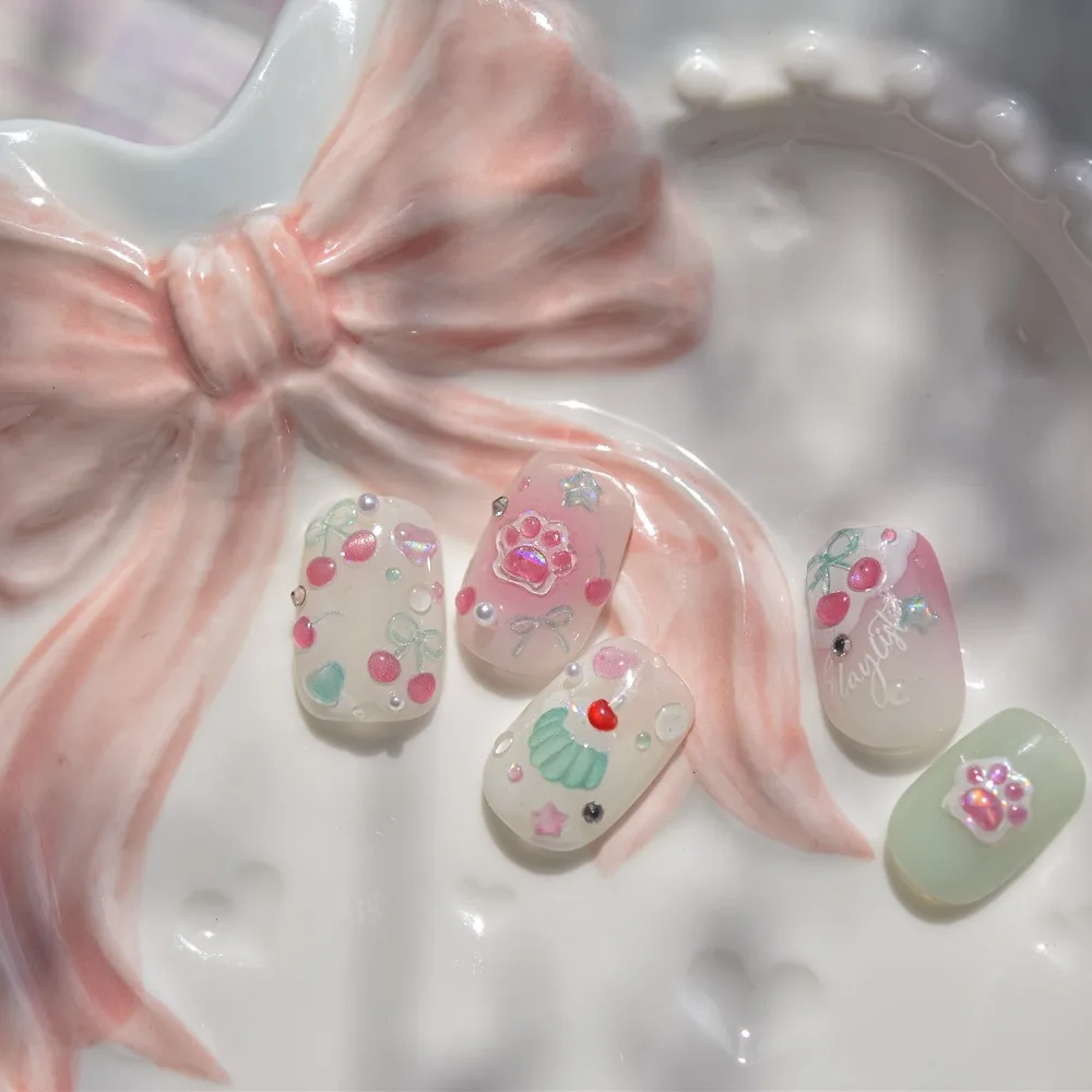 Lovely Strawberry Nail Art Stickers Bowknot 5D Embossed Reliefs Cup Stickers Self Adhesive Muffin Cream Cake Ice Cream