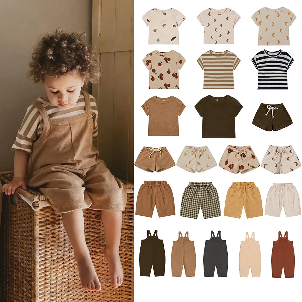 

Kids Set 23 Summer OZ Same Style Kids Short Sleeve T-shirt Shorts Set Baby Girl Baby Boy Eight Point Suspenders