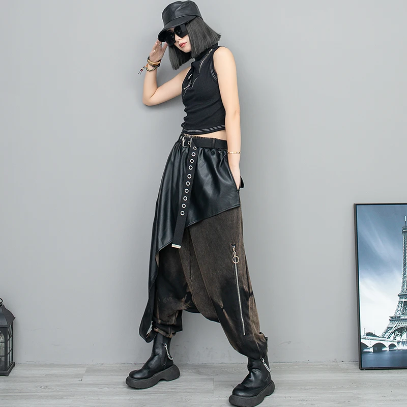New Fashion Woman Streetwear Elastic Waist Oversized Cross-pants Trousers Personalized Leather Patchwork Punk Style Harem Pants