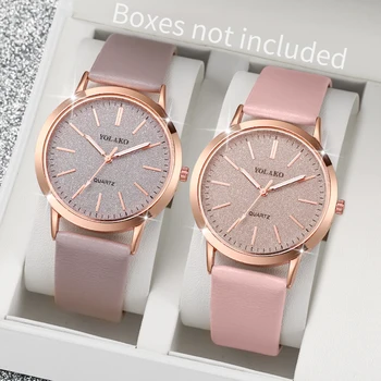 2 unidades/conjunto relógios femininos moda mostrador fosco pulseira de couro conjunto de relógio analógico de quartzo (sem caixa) 1