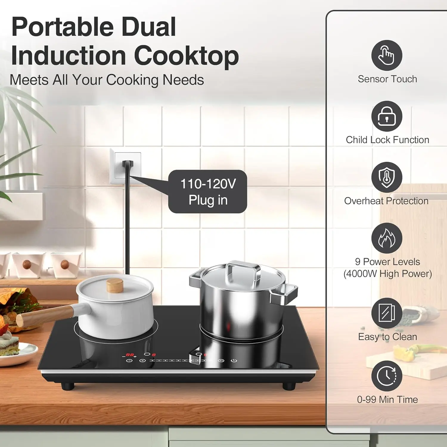 Double Induction Cooktop, 24 inch 4000W Induction stove top with hot plate,Electric cooktop with LCD Touch Screen 9 Levels Setti