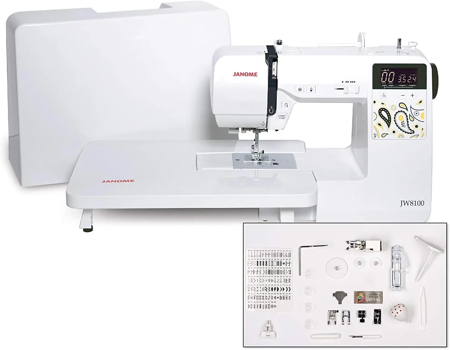 JW8100 Fully-Featured Computerized Sewing Machine with 100 Stitches, 7 Buttonholes, Hard Cover, Extension Table and 22 Accessori