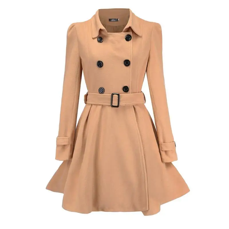 

Autumn And Winter New Europe And The United States Slim Ruffled Women's Woolen Coat Belt Buckle Style Woolen Coat Trench Coat