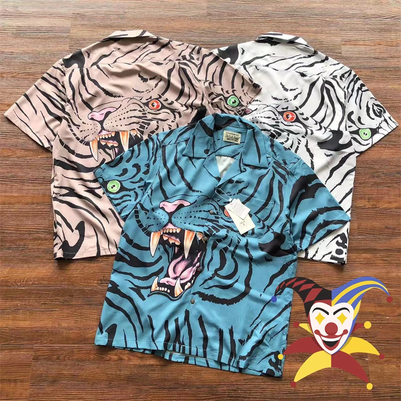 

Hawaiian Tiger Pattern Short Sleeve Casual Wacko Maria Lapel All-match High Street Buttons Shirts