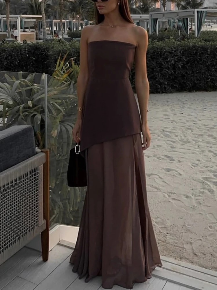 Spring and Summer Elegant Women's Tube Top Slim Dress Fashionable Solid Color Mesh Splicing Dress Off-the-shoulder Evening Dress