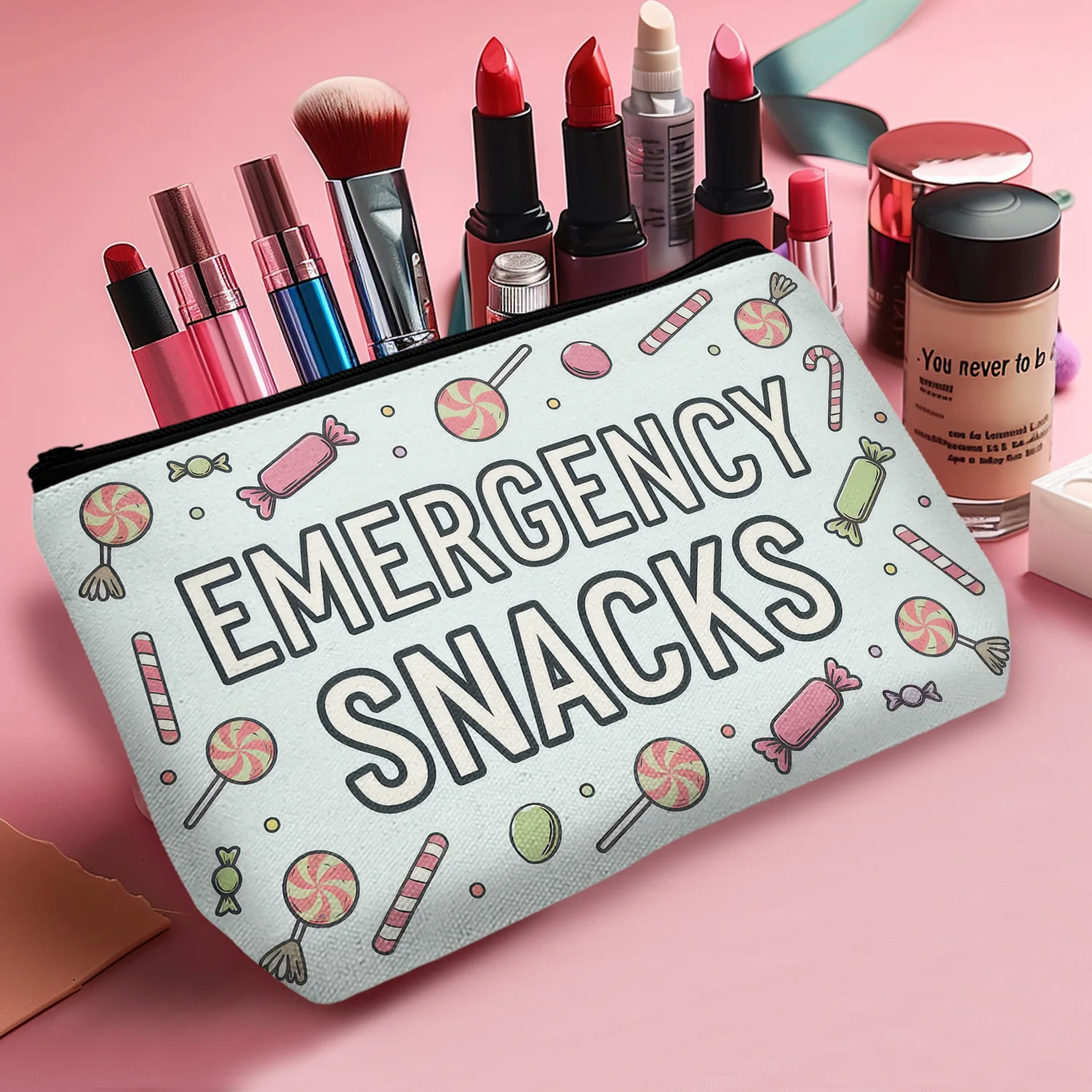 1Pc Emergency Snacks Pattern Reusable Cosmetic Bag Durable And Stylish With Zipper Portable Women'S Cosmetic Bag Suitable For 2