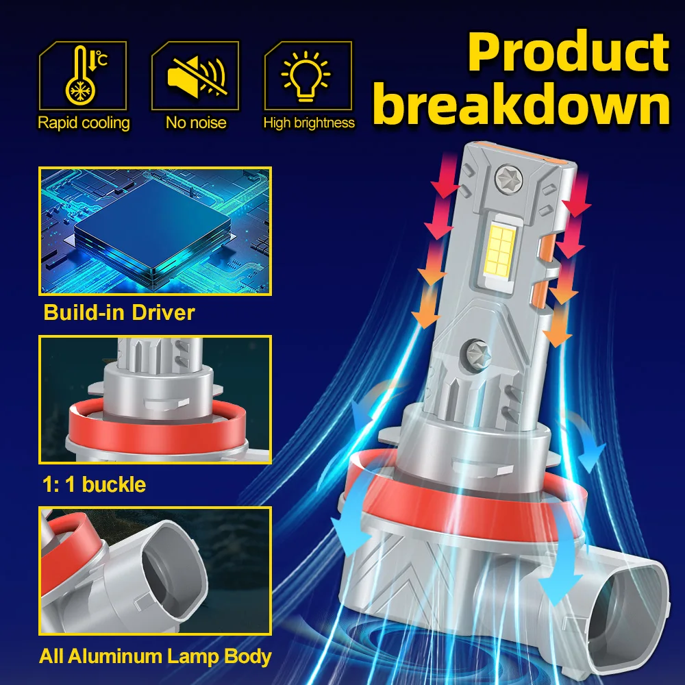 2Pcs H7 LED H1 자동차 헤드 라이트 전구 180W H4 H11 H8 9005 HB3 300% 더 밝은 자동 조명 팬리스 무선 9006 HB4 인라인 안개 램프