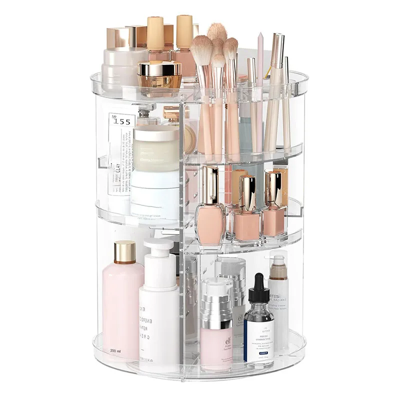 מסדר איפור סובב, תיק תצוגה לקוסמטיקה עם מחזיק מברשת, מגש בושם, קרוסלה לאחסון לחדר האמבטיה של וניטי