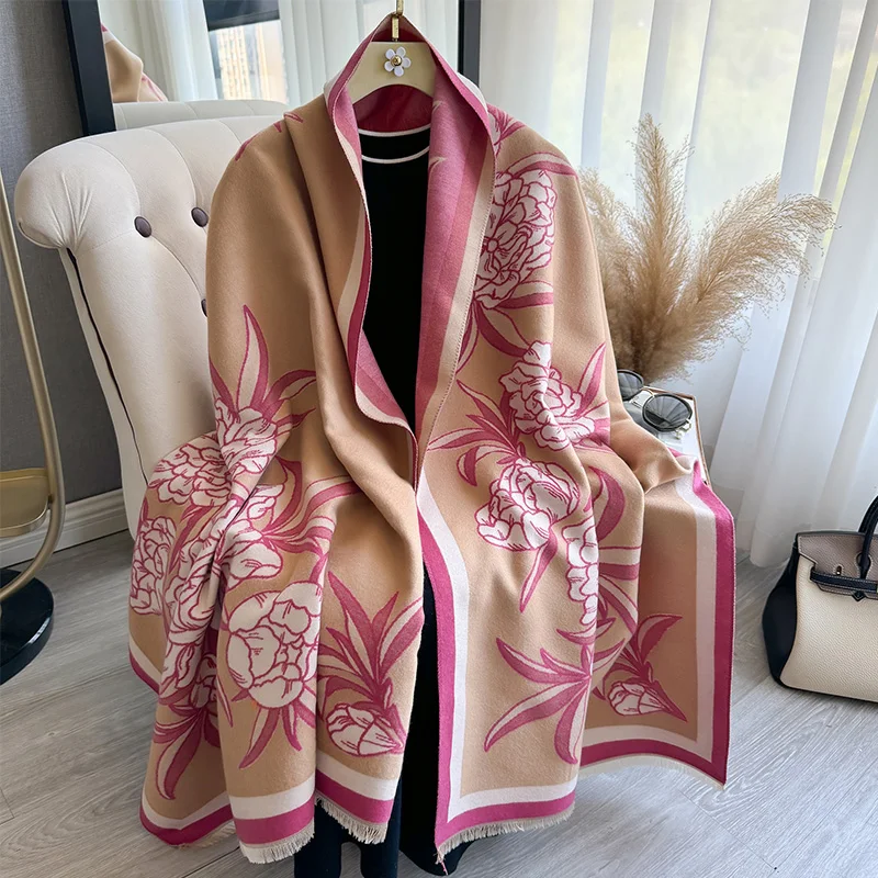 Thick Floral Print Scarf Faux Cashmere Women Luxury Warm Travel Blanket Shawl Designer 2024 New muffler neckerchief
