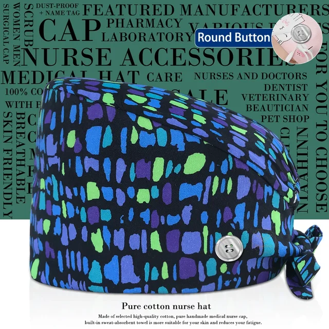 Cartoon Print Scrub Hat With Buttons - Cotton, Breathable, Sweat-Absorbent, For Pet Shop, Lab, Beauty (X-Large)