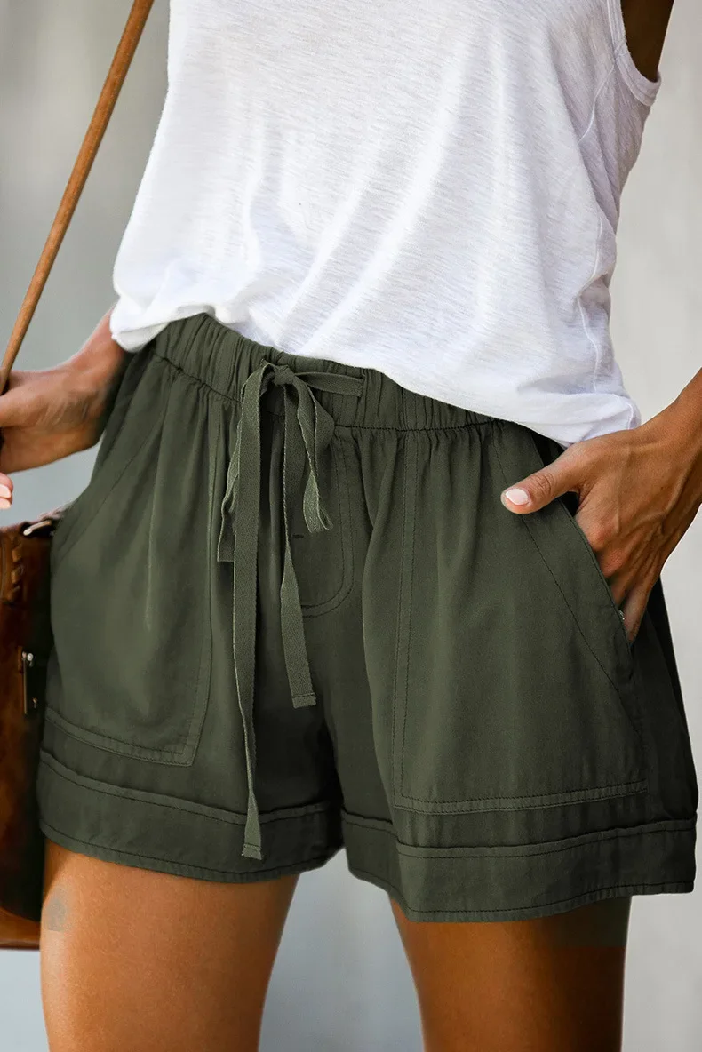 High-Waisted Lace-Up Casual Shorts for Women Summer 2025 Loose Fit Wide Leg Twill Pants European American Style