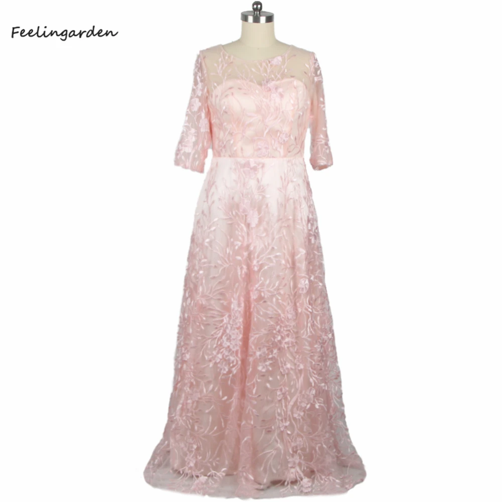 

Feelingarden Pink Lace Evening Dress Zipper Back O-neck Half Sleeve A-line Pleat Floor Length Plus size Lady Party Dresses LF177