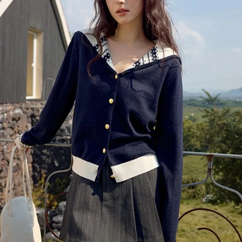 Autumn Women Long Sleeve Sailor Collar Elegant Knitted Cardigan Sweater 2025 Fashion Winter Casual Korean Style Knitwear