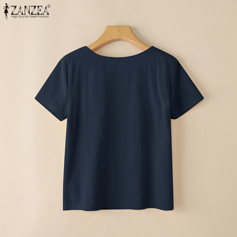 ZANZEA Sommerliche, lässige Baumwollblusen für Damen, O-Ausschnitt, kurze Ärmel, seitlicher Schlitz, dünne Oberteile, Tageskleidung, einfarbig, Blusas de Mujer – Detail 18