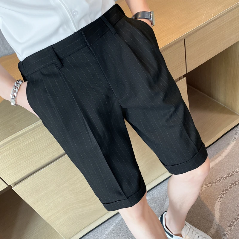 2022 Top Quality Summer Knee Length Striped Shorts Men Clothing Business Formal Wear Slim Fit Casual Straight Short Homme  29-36