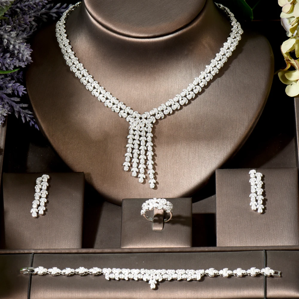 

Fashion Long Tassel Cubic Zirconia Women Engagement Necklace Earrings Set 4pcs Bridal Wedding Jewelry Sets Party Gift N-1840