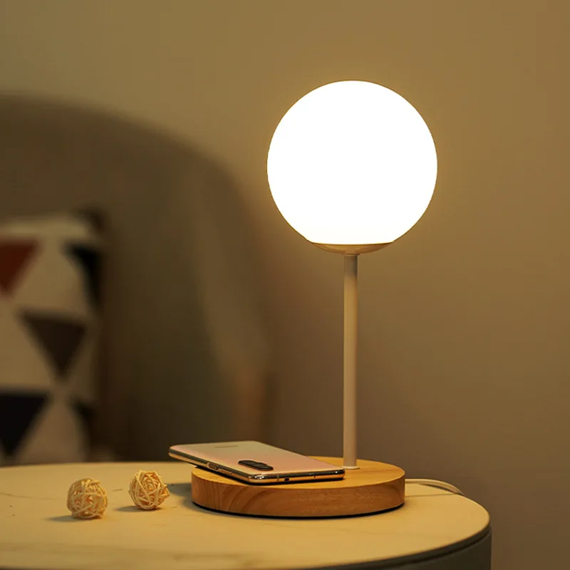 

Unique Solid Wood Storage USB Small Desk Lamp Warm Remote Control Bedroom Glass Modern Decorative Bedside Planet Night Light.