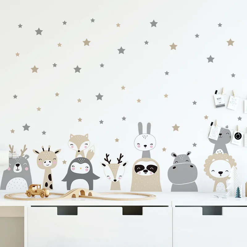 Kawaii Animals Cartoon Wall Stikers for Baby Room Decoration Hippo Lion Panda Bedroom Livingroom Wall Decor Accessories Decals