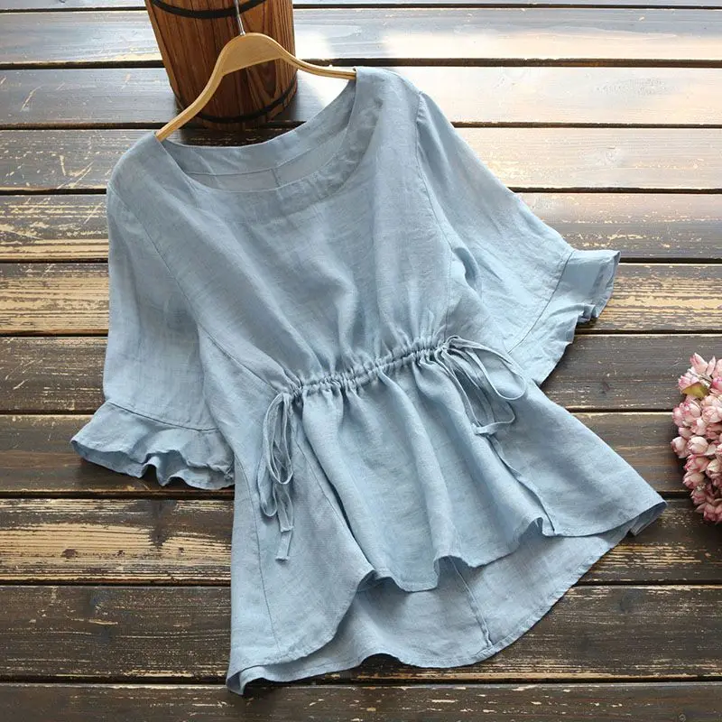 

Summer New Drawstring Lacing Shirt Tops Short Sleeve Round Neck Solid Loose Plus Size Blouse Simplicity Casual Women Clothing