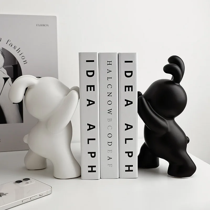 

Desk Accessories Ceramic Rabbit Bookend Statues Bookshelf Living Room Decoration Figurines Nordic Cartoons Craft Home Decor Gift