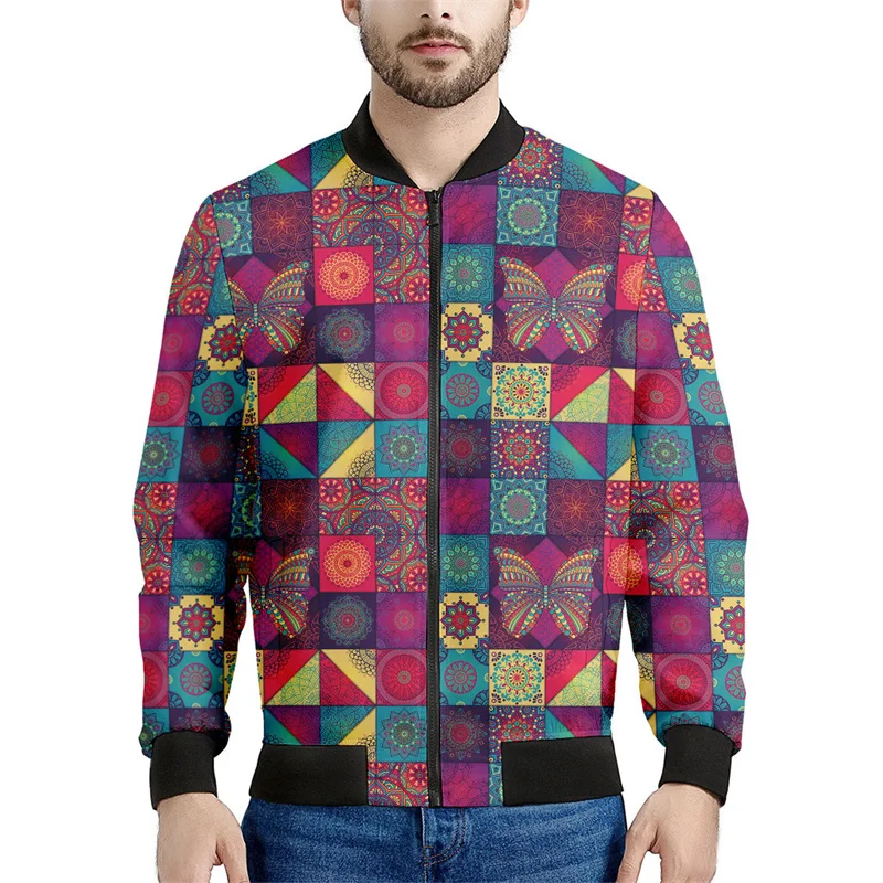 thumbnail image 1 of Chaqueta con estampado 3D de mandala bohemio para hombre, sudadera con estampado floral de primavera y otoño, abrigos de manga larga con cremallera y estilo aviador, 1 of 4