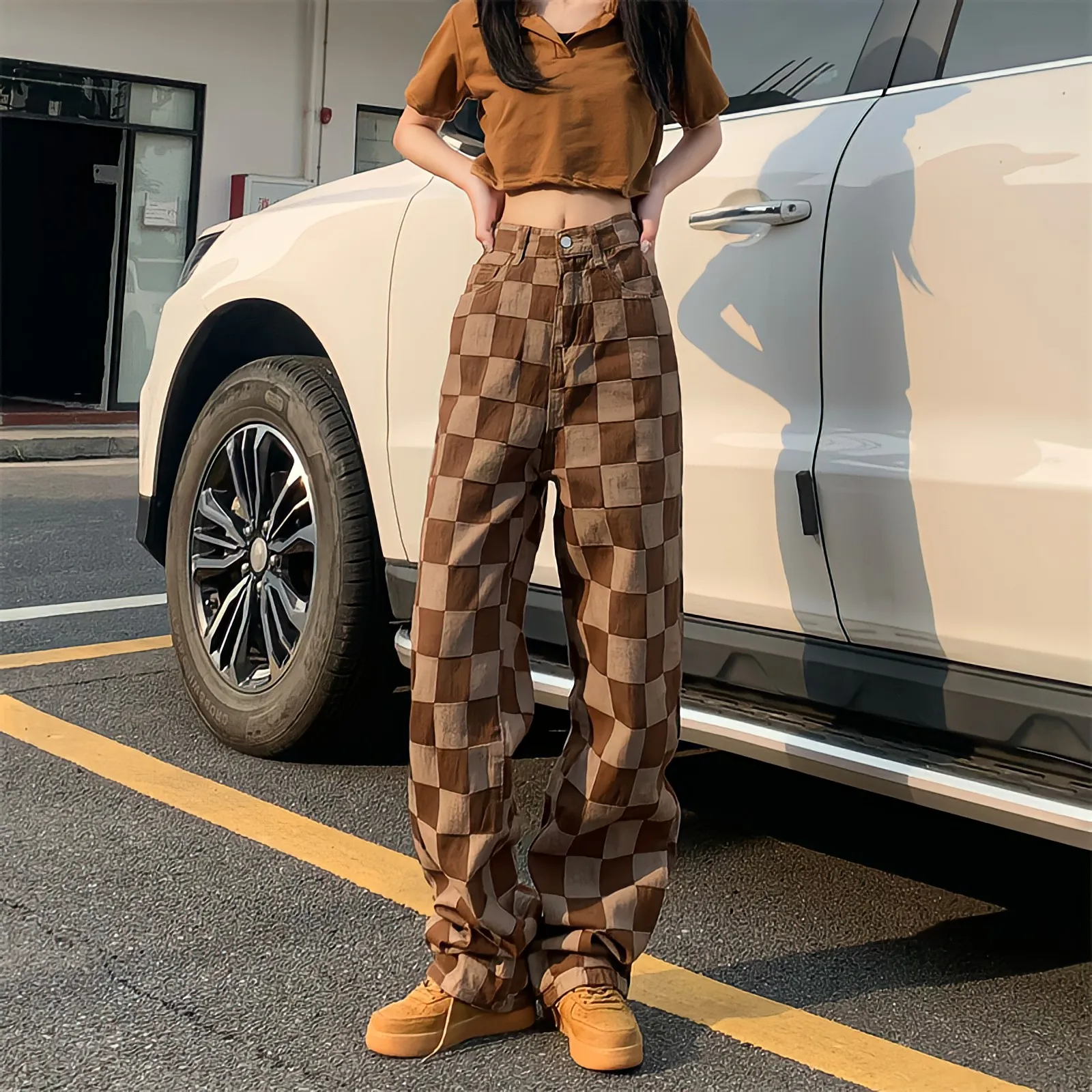 

Fashion Women Korean Harajuku Jeans Streetwear Baggy Straight Wide Leg Brown Pants Vintage Y2k Summer High Waist Casual Trousers