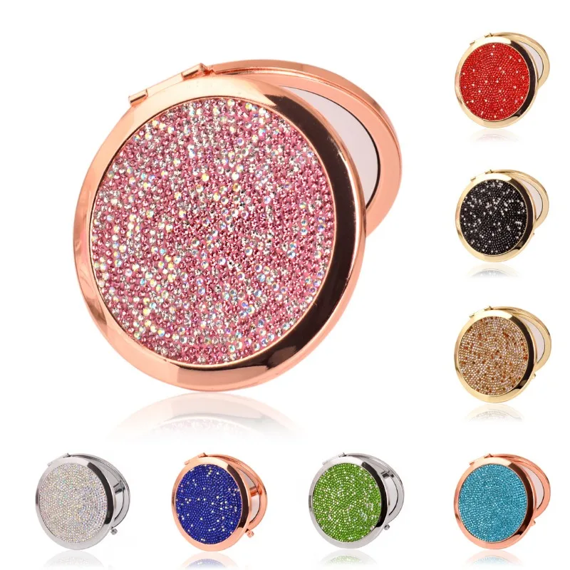 Mini Pocket Mirror Beauty Cosmetic Mirror Rhinestone Foldable Compact Mirror Portable Double-Sided Folding Cosmetic Mirror elegant pearl rhinestone hair bands foldable retractable headband portable pocket headband woman headdress hair accessories