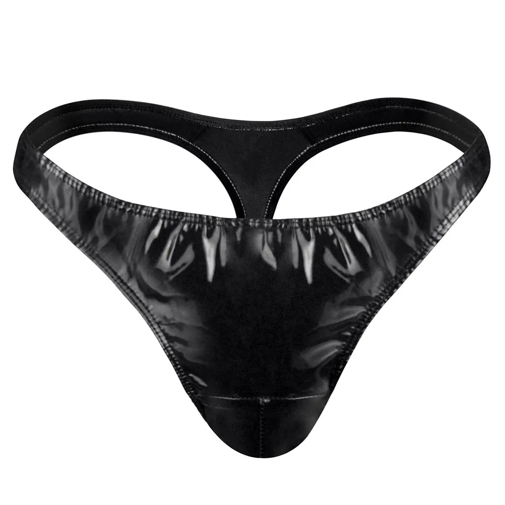 Men's Erotic Panties Gay Sexy Low Waist Shiny Faux Leather T Back Thongs Sissy Fashionable Backless Elastic Bulge Pouch G-string