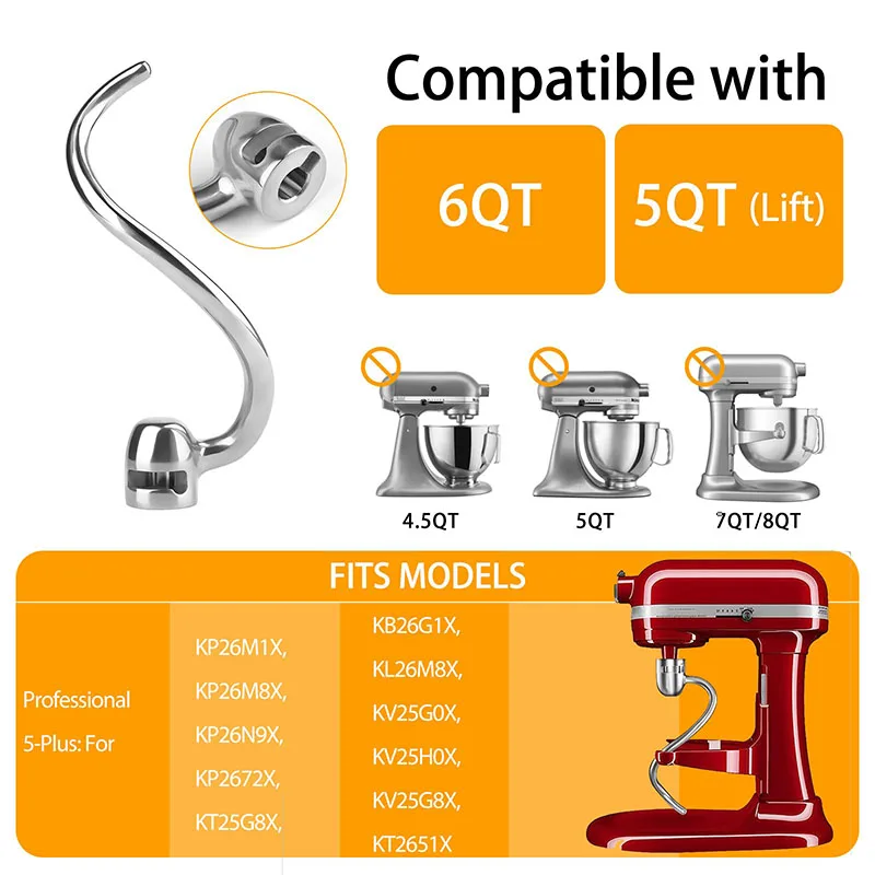 Dough Hook KitchenAid Stainless Steel Spiral Hook Tilt-head & 5-6 Qt Mixers Dishwasher Safe Efficient Kneading for Bread/Pasta