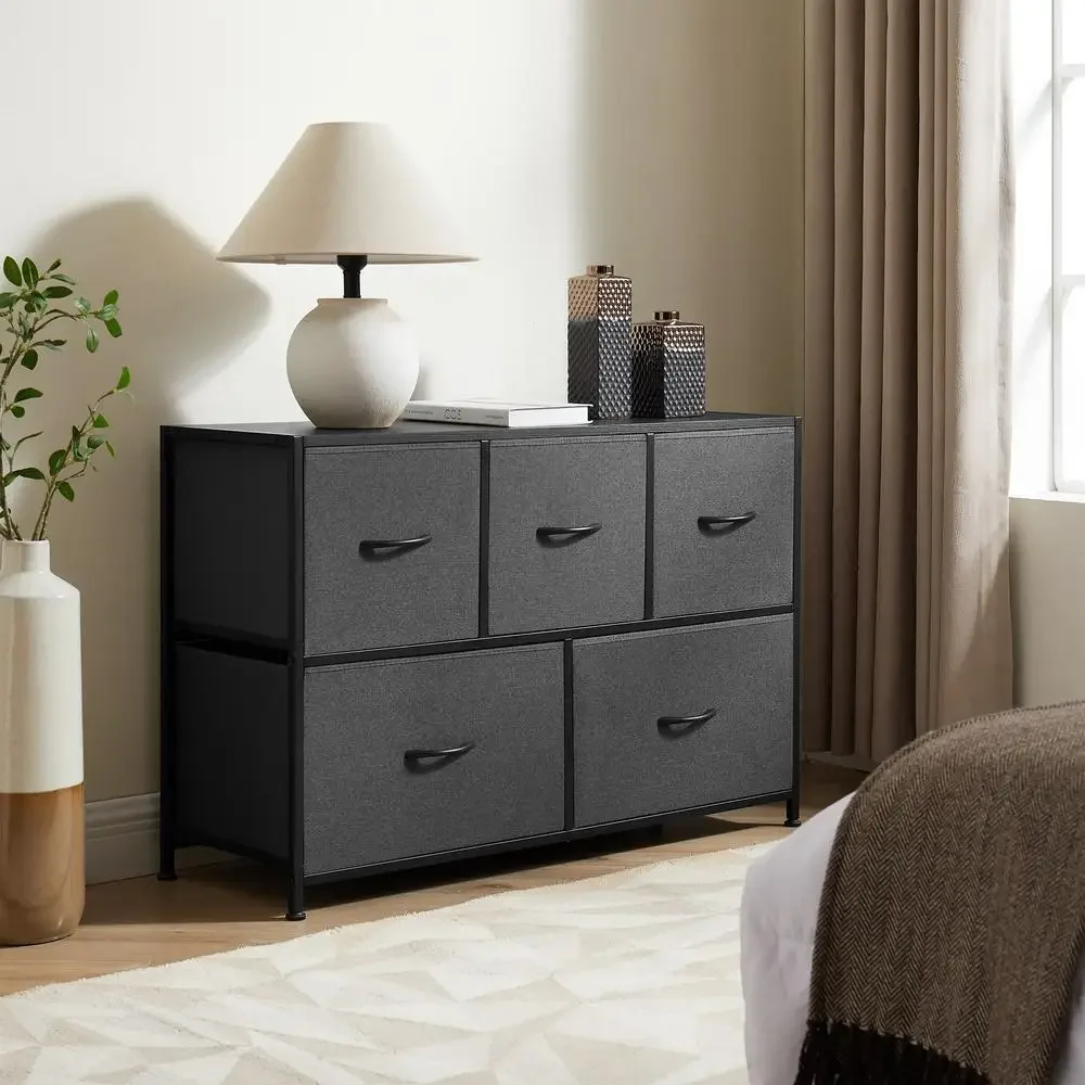 5 Drawer Fabric Storage Dresser Grey Bedroom High-capacity Organizer Sturdy Durable Steel Frame Non-woven Fabric Drawers Easy 2