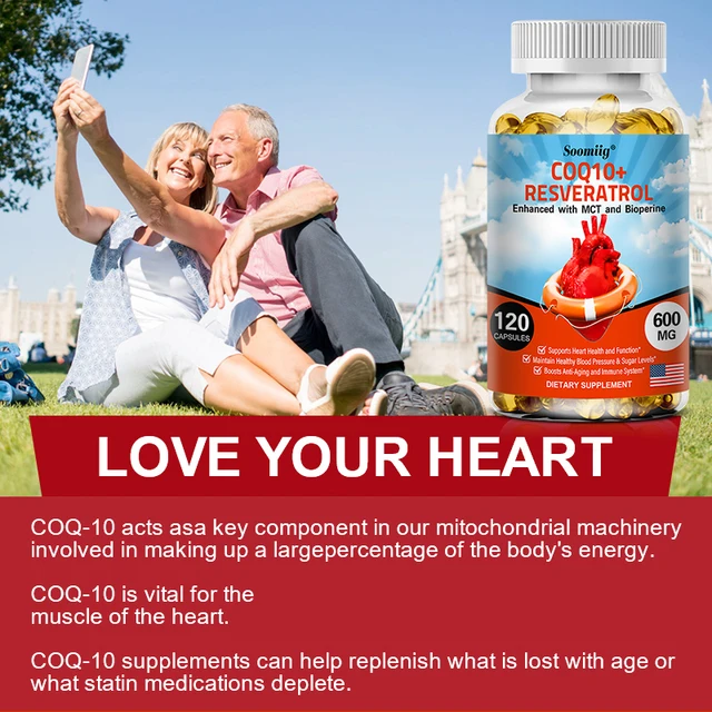 Soomiig 120 Capsules CoQ10 + Resveratrol Capsules Supplement, Support Energy, Vitamins, Heart Health and Blood Pressure Levels