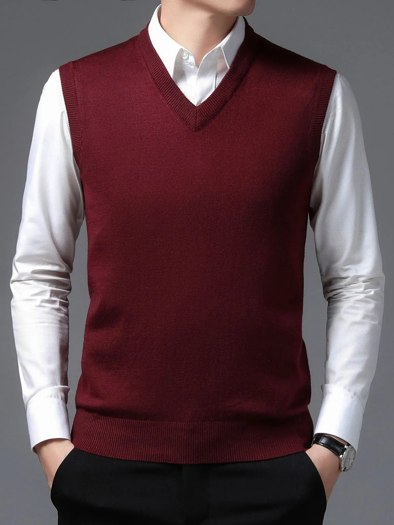 Mens Knitted Wool Vests Classic Pure Color Sleeveless V-neck Business Casual A&W Warm COODRONY Brand 5080