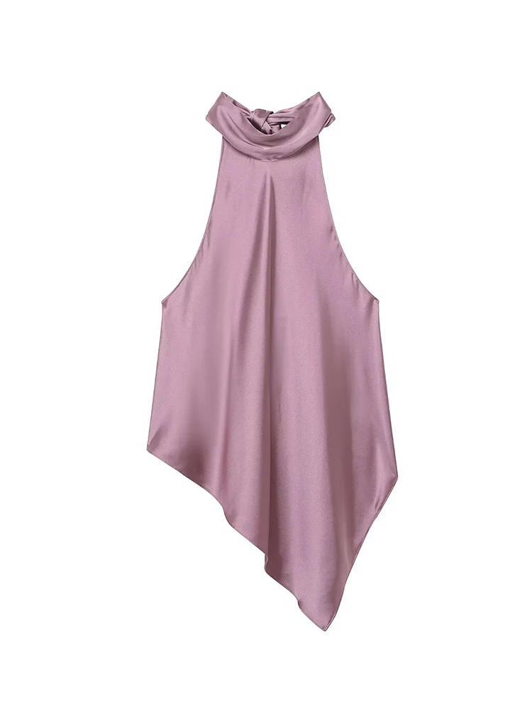  Fashion New Women's Satin Halter Vest Elegant Irregular Hem Backless Sleeveless Street Tank Tops  Summer Vacation Casual Tops