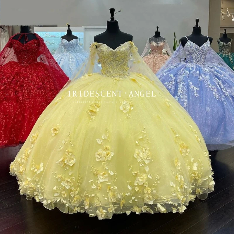 

IRIDESCENT Yellow Ball Gown 3D Flowers Lace Up Sweet 16 Girl Party Sparkly Quinceanera Dresses Vestido De 15 Anos Customize