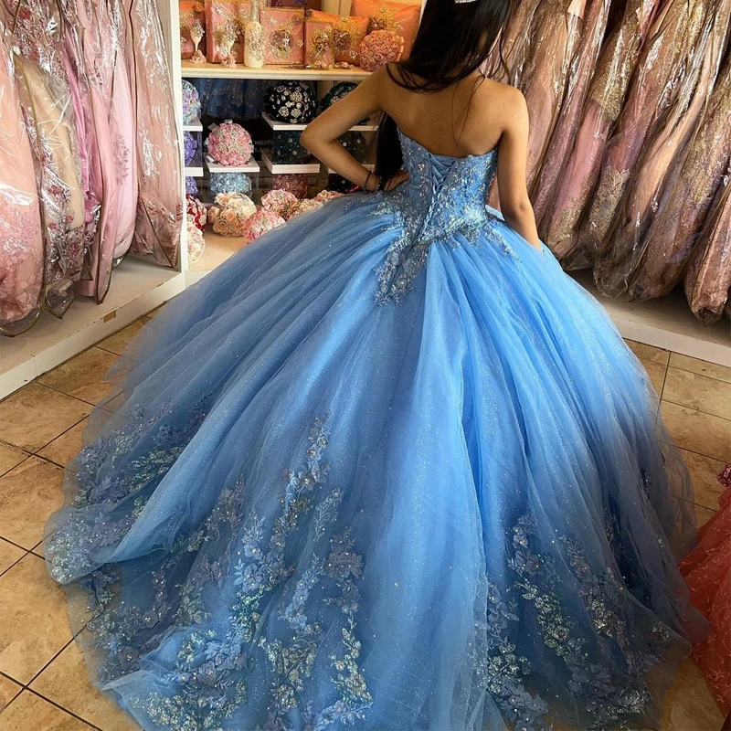 Quinceanera Dresses Blue Ball Gown 15 Party Glitter Tulle Applique Formal Masquerade Cinderella Birthday Gown