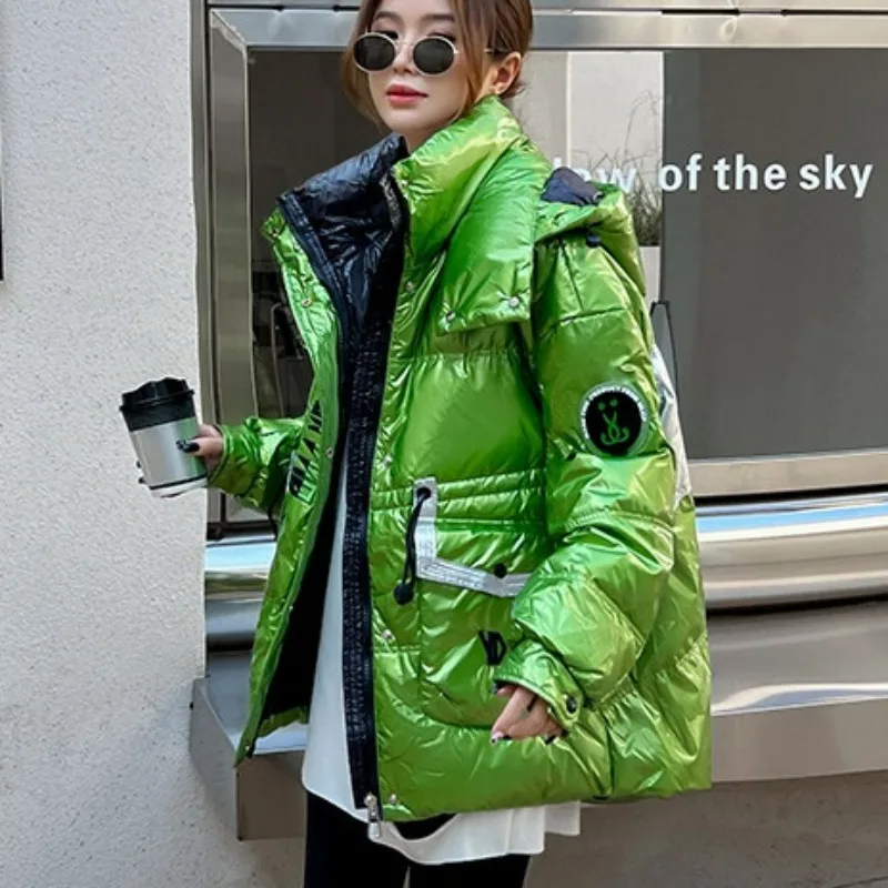 

2023 New Women Down Cotton Coat Winter Jacket Female Keep Warm Thick Parkas Loose Short Outwear Fashion Bright Hooded Overcoat