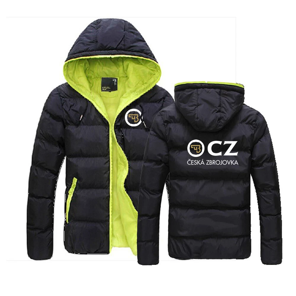 

2023 Men Winter CZ Logo Color Block Zipper Warm Cotton Coat New Ceska Zbrojovka Print Outdoor Fashion Casual Hooded Down Jackets