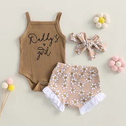 0-18M Lovely Baby Girl Clothes Sets 3pcs Sleeveless Letter Print Knit Romper Floral Print Shorts Headband Set