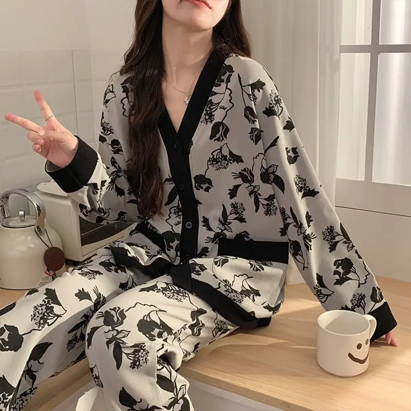 Cotton Sleepwear Long Sleeve Trouser Women Pajama Sets Print Luxury Brand Loungewear Two Piece Suit Cardigan Big Size Nightwear