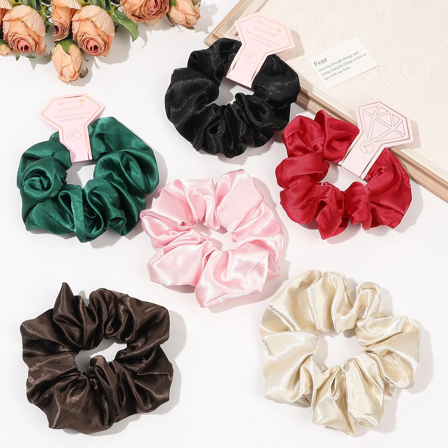 Lot De 3 Scrunchies Satin élastiques - écologiques, Unis, Pour Cheveux Longs, Neufs étiquetés