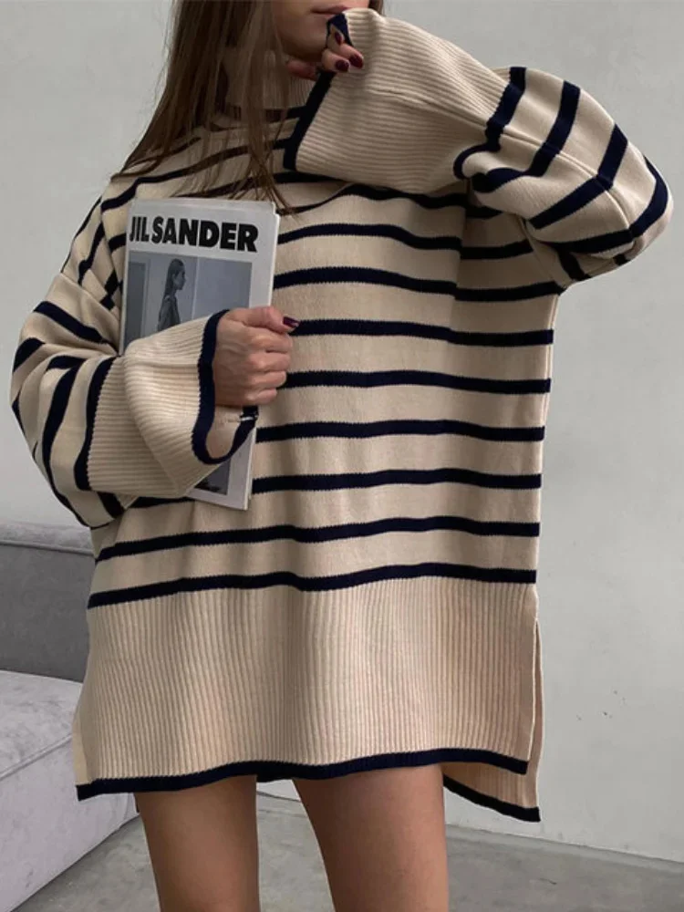 

Long Sleeve Striped Knitted Oversized Sweater Split Turtleneck Women Casual Pullover Autumn Winter Female Jumper Tops