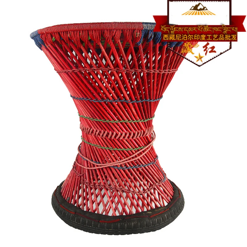

Dark Red Ethnic Style Tibetan Furniture Bamboo Strip Woven Color Hourglass Color Nepal Handmade Creative Waist Drum Stool