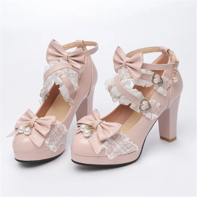 Girls Shoes Ladies Super High Heels Platform Lolita Shoe Sweet Ruffles Bowknot Princess Mary Janes Party Buckle Women Pumps32-43