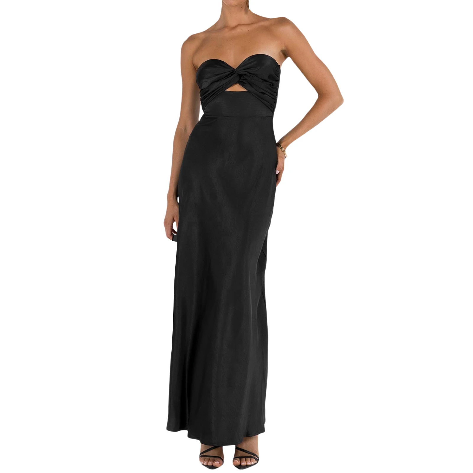

Women Summer Sexy Strapless Dress Backless Twist Front Hollow Out Dress Low Cut Long Tube Dress Slit Party Cocktail Satin Dress